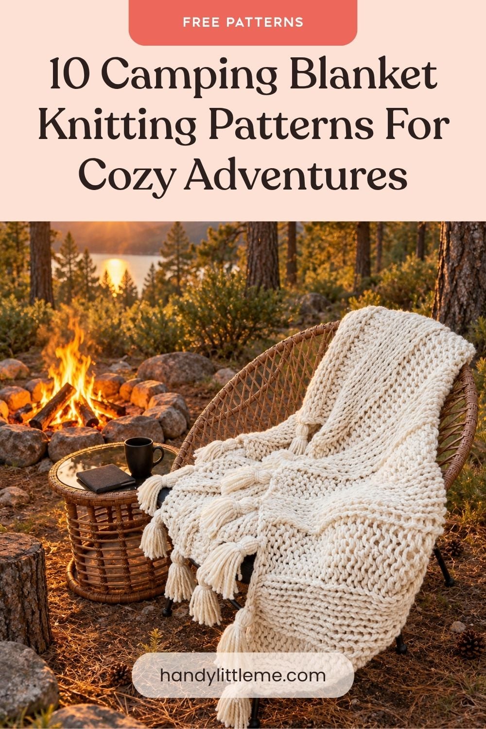 Cream chunky knit blanket on a chair beside a campfire