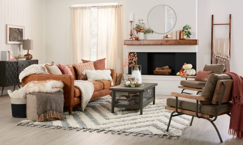 kiving room with cosy fall colours in neutrals