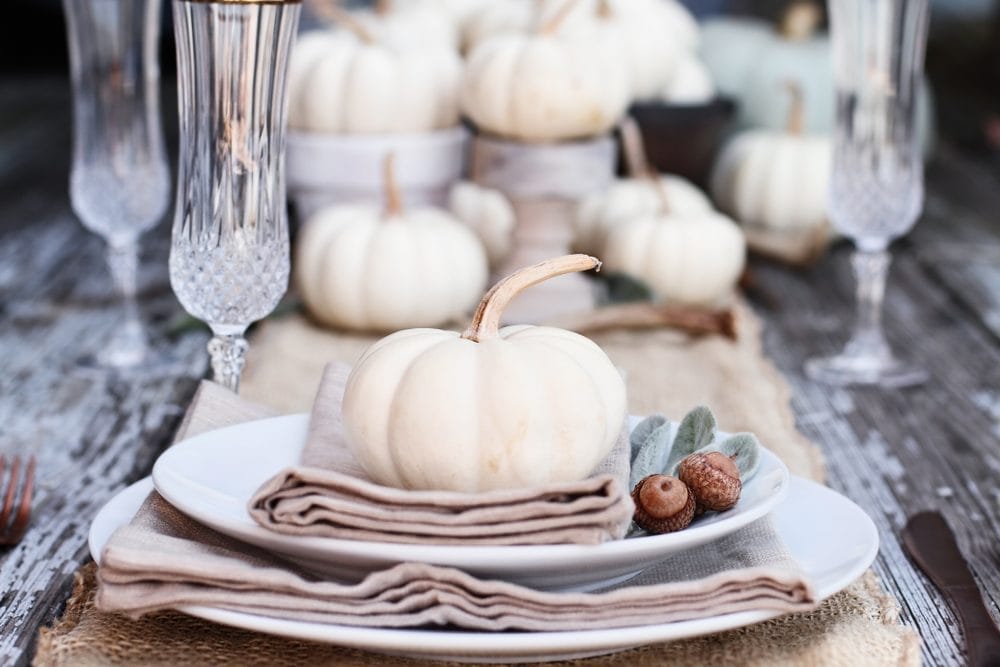 thanksgiving table decor with white pumpkins