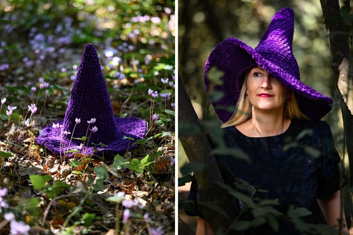 Crochet witch hat purple