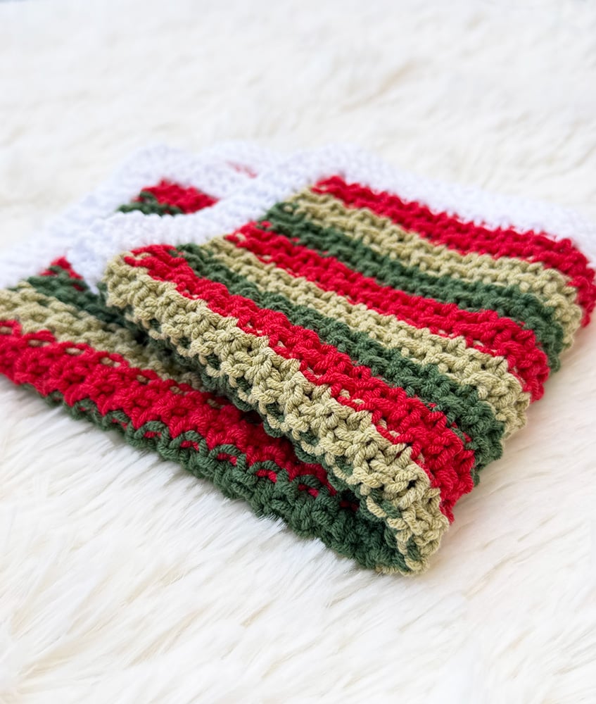 Folded knitted Christmas dishcloth
