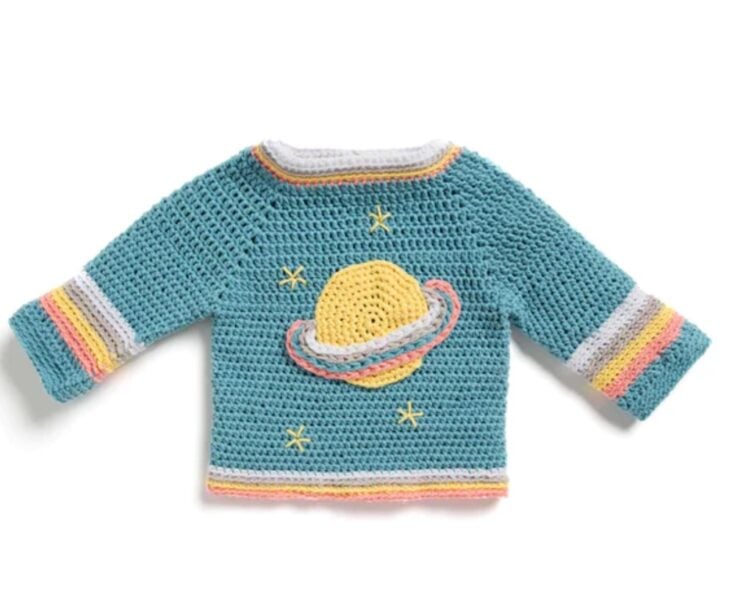 Free Bernat Crochet Saturn Baby Pullover Pattern by Yarnspirations