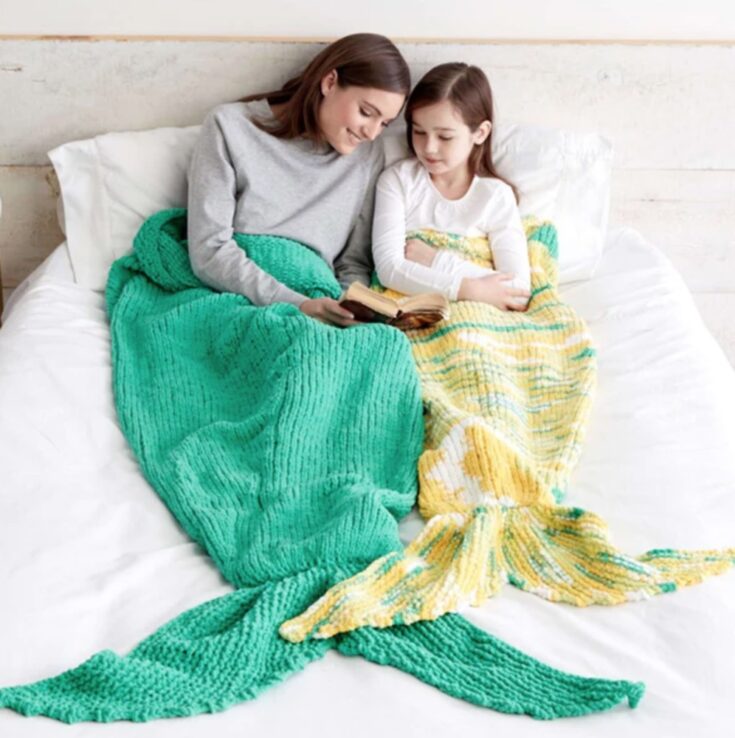 Free Bernat Knit Mermaid Snuggle Sack Pattern by Yarnspirations