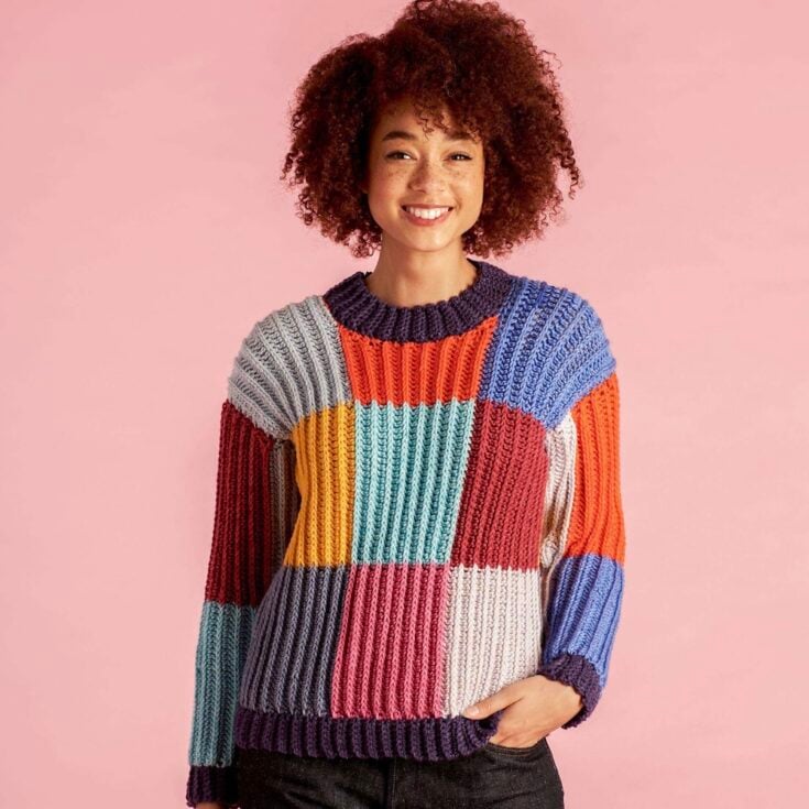 Free Boxy Checks Crochet Sweater Pattern by Yarnspirations