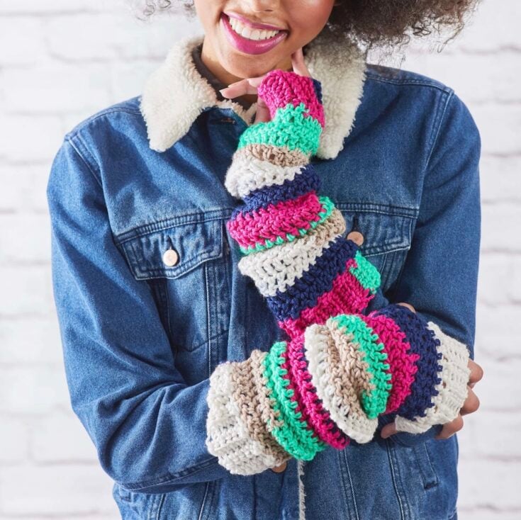 Free Red Heart Crochet Stripes Arm Warmers Pattern by Yarnspirations