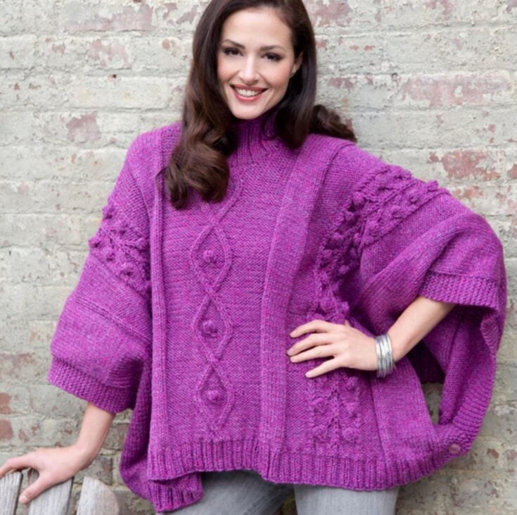 Free Red Heart Knit Cable And Bobble Poncho Pattern by Yarnspirations
