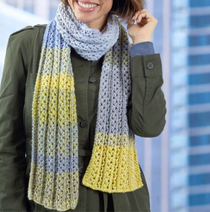 Free Red Heart Knit Eyelet Rib Reversible Scarf Pattern by Yarnspirations