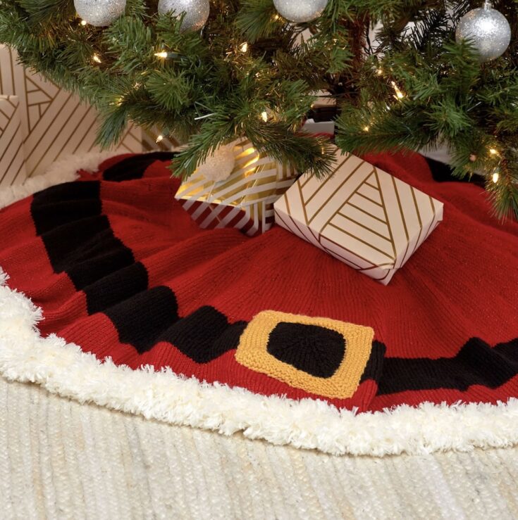 Free Red Heart Knit Santa's Coat Tree Skirt Pattern by Yarnspirations