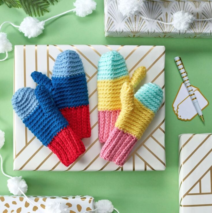 Free Red Heart Snowday Crochet Mittens Pattern by Yarnspirations
