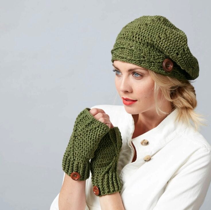 Free Sugar Bush Riverside Button Crochet Slouchy Hat & Fingerless Gloves Pattern by Yarnspirations