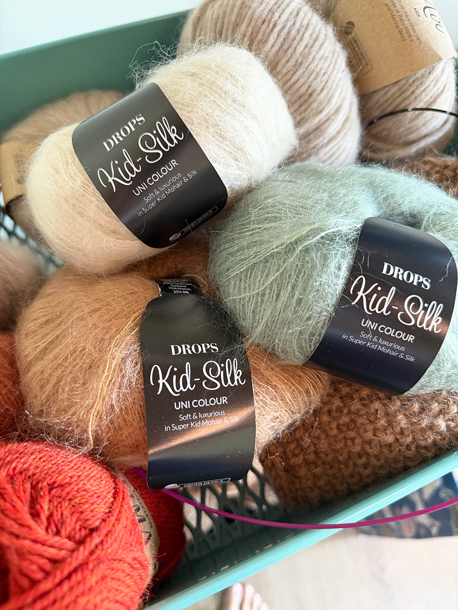 Lace weight yarn Drops Kid Silk in various colors