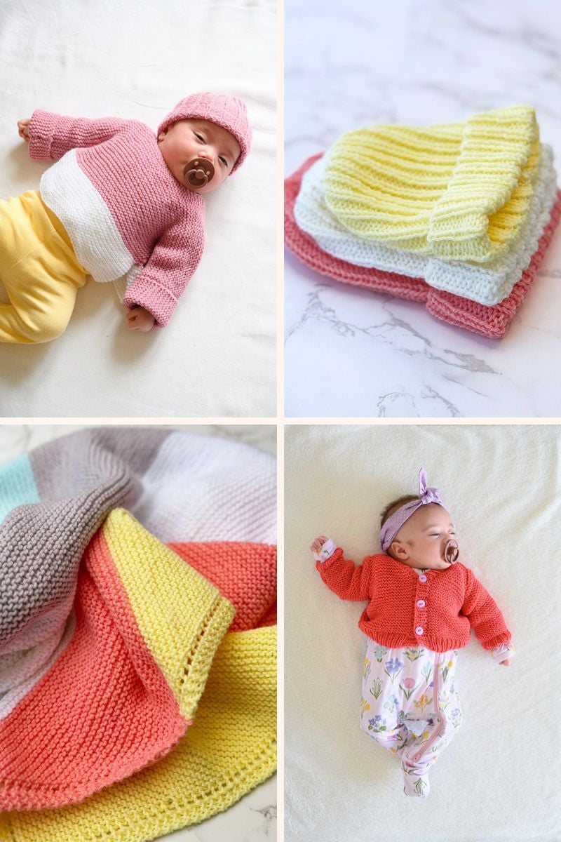 Collage of newborn knitting patterns featuring handmade baby hats, booties, cardigans, and blankets.