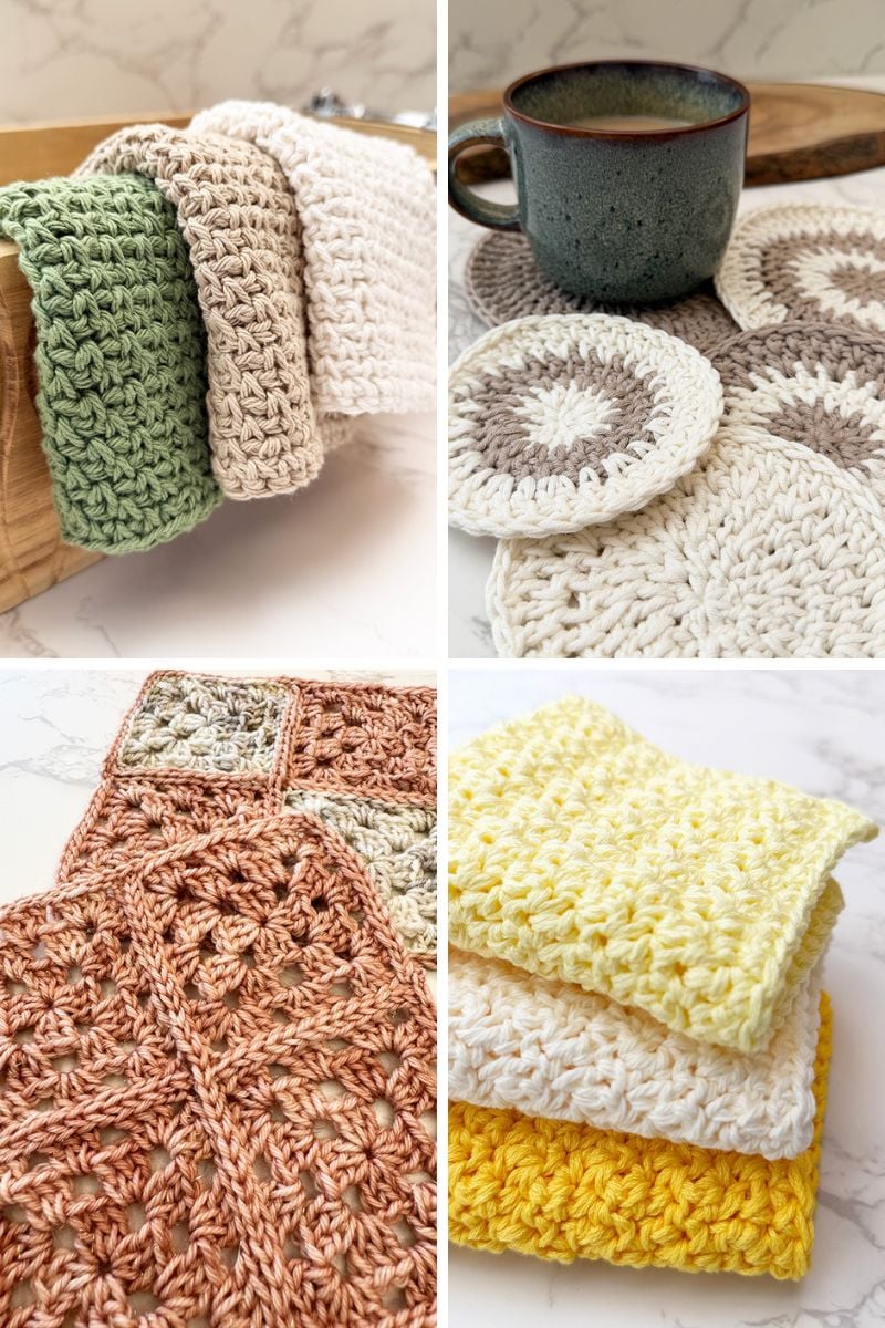 One skein crochet projects include dishcloths and coasters