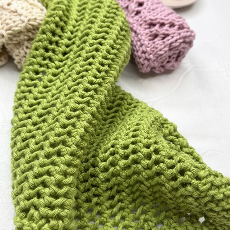 Purse stitch knitted dishcloth close up