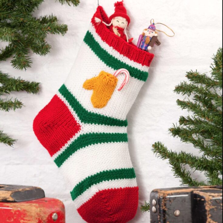 Red Heart Holiday Stocking With Mitten Pocket by Yarnspirations