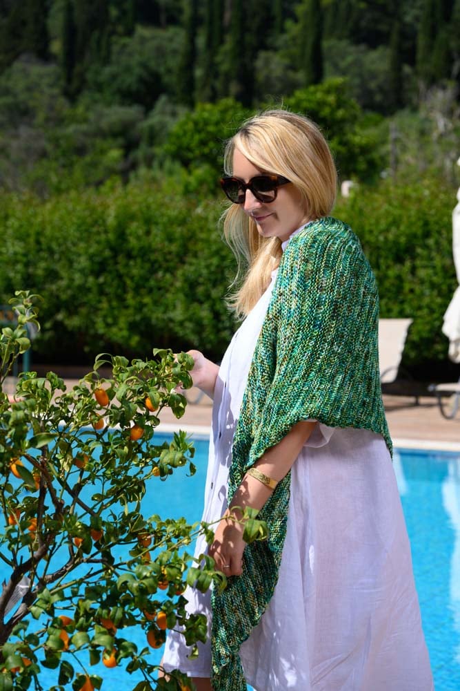 Side view of asymmetrical shawl