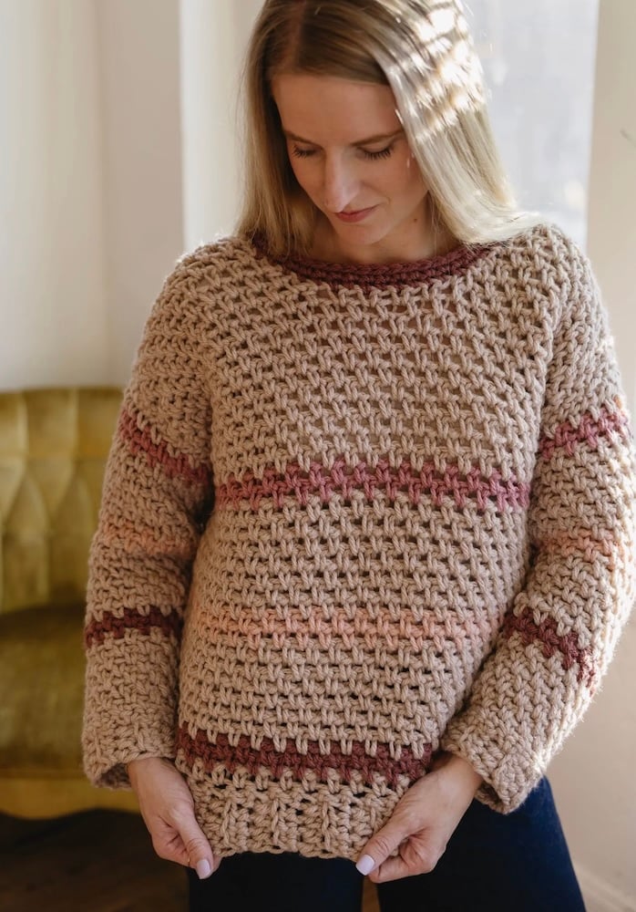 Simple Stripes Sweater: Free Beginner Crochet Sweater Pattern by Cozy Nooks Design