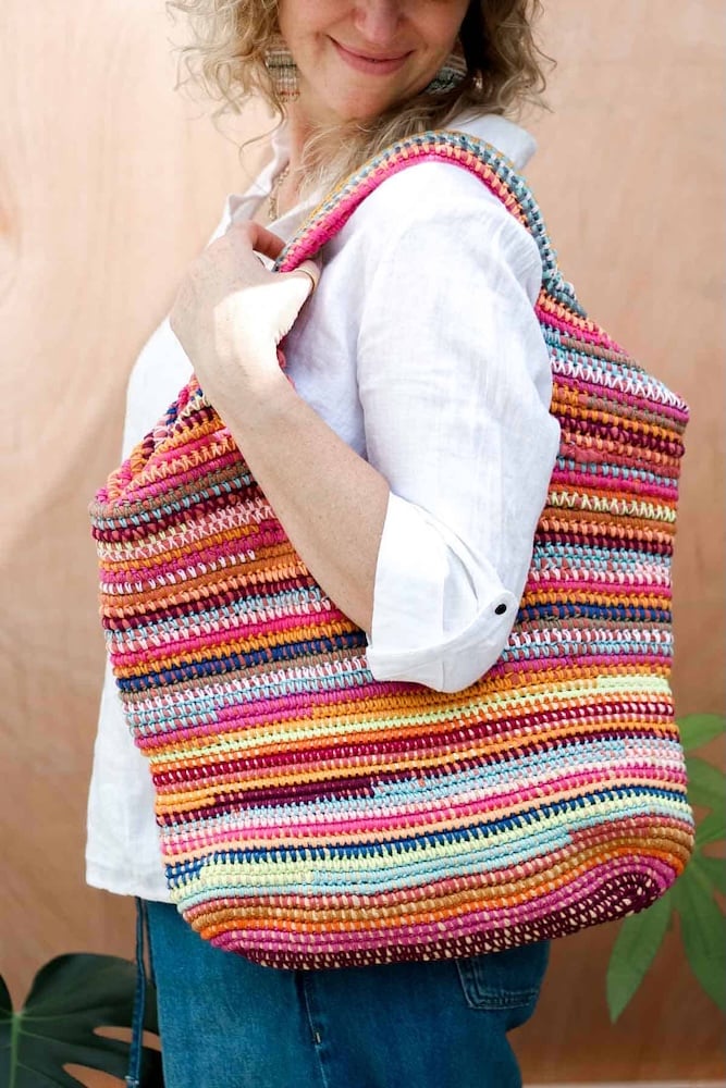 Upcycled Fabric Yarn Crochet Bag by Make And Do Crew