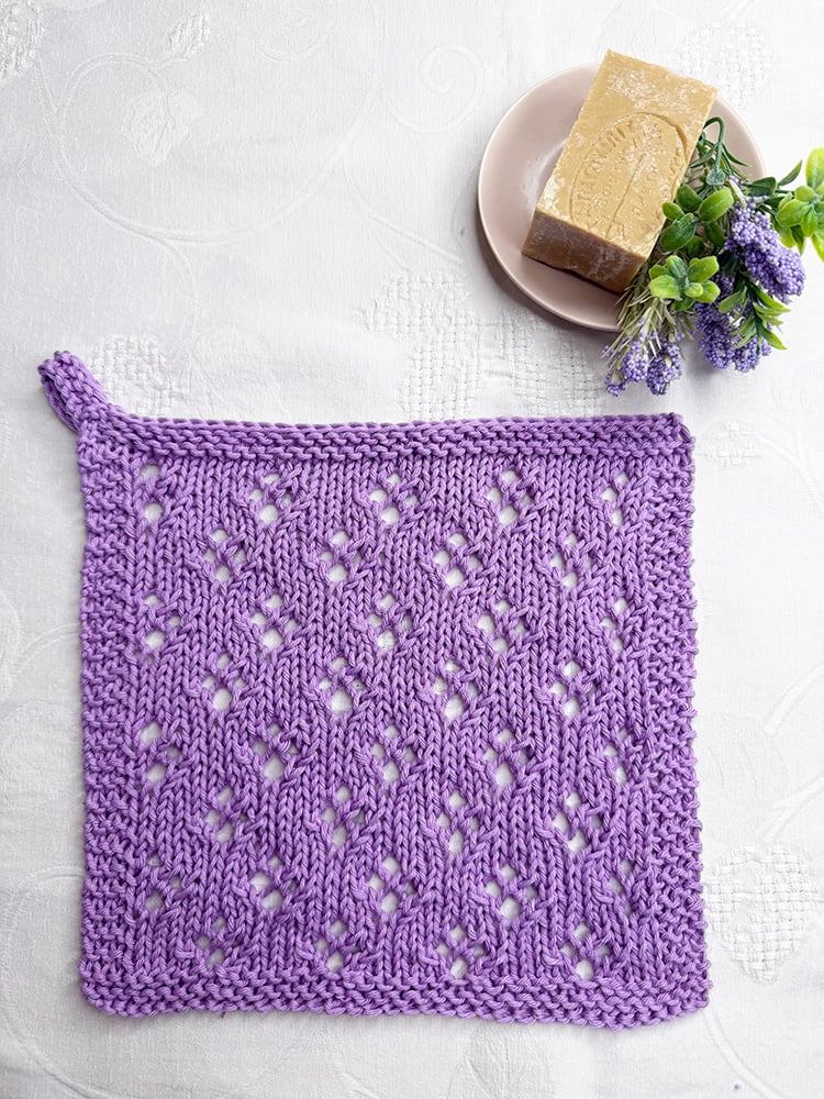diamond lace knitted dishcloth in lilac cotton