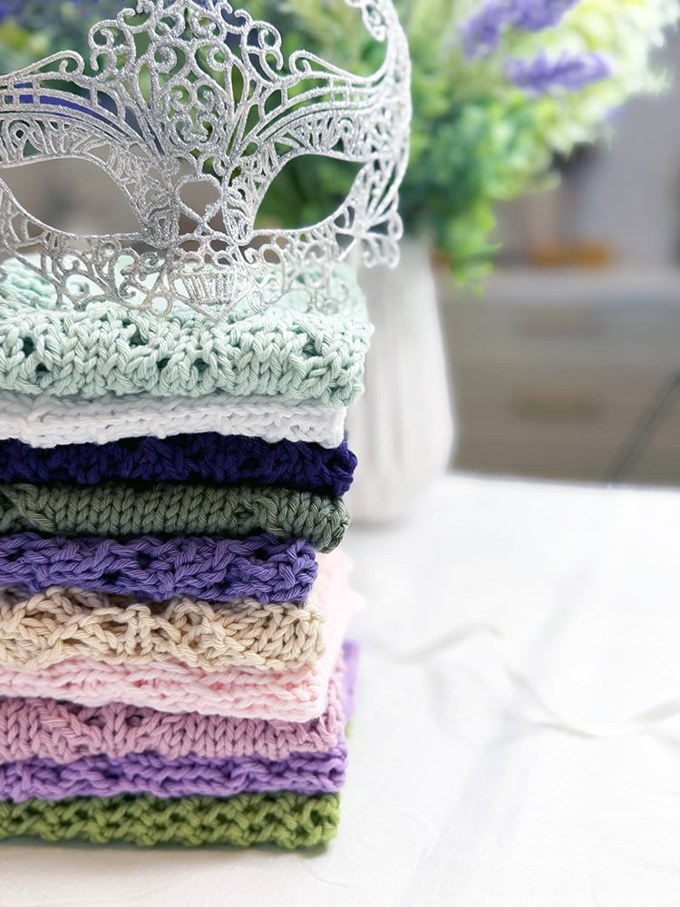 knitted dishcloths and carnival mask